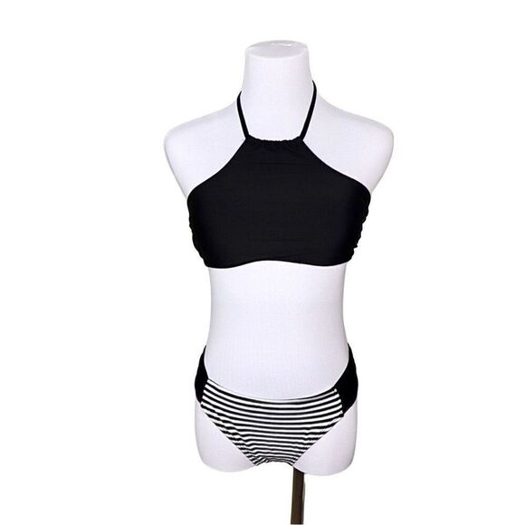 BOGOF Mossimo Solid Stripe Black White Halter Swim Top Bikini 2pc Coastal MEDIUM - Picture 1 of 14